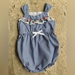 Bonnie Baby Blue & White Striped Romper with Floral Trim